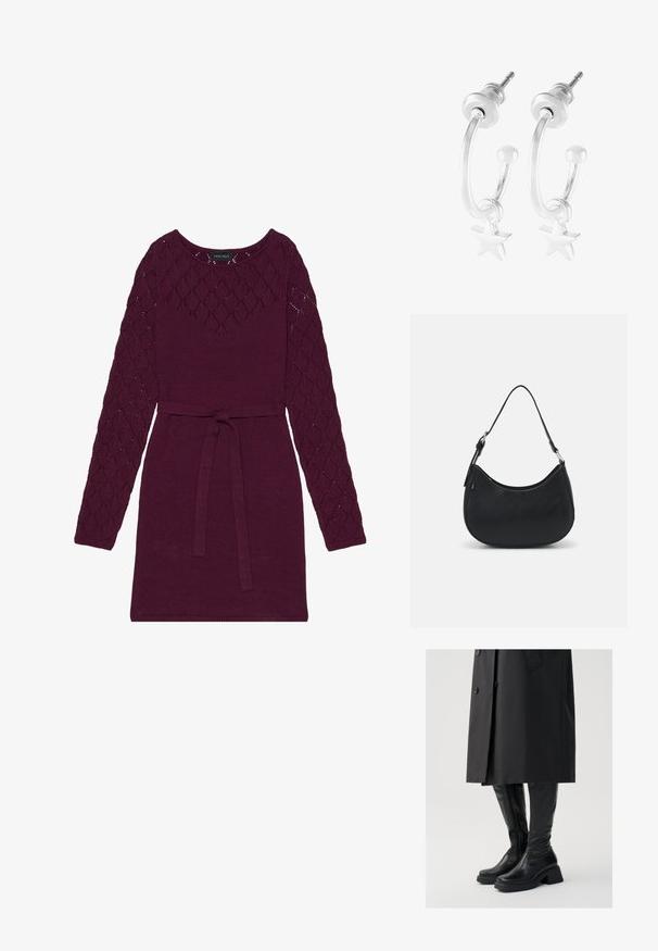 Vestido de punto burdeos con mangas largas de patrón de diamantes, escote redondo y un cinturón a juego en la cintura.; Vagabond DORAH - Botas con plataforma - black; Bolso hobo negro hecho de cuero suave con una silueta curva, que cuenta con una sola correa ajustable y detalles de diseño minimalistas.; Pendientes de aro de plata con un encanto de estrella, con un acabado pulido y un diseño curvado, asegurados con un cierre de poste.