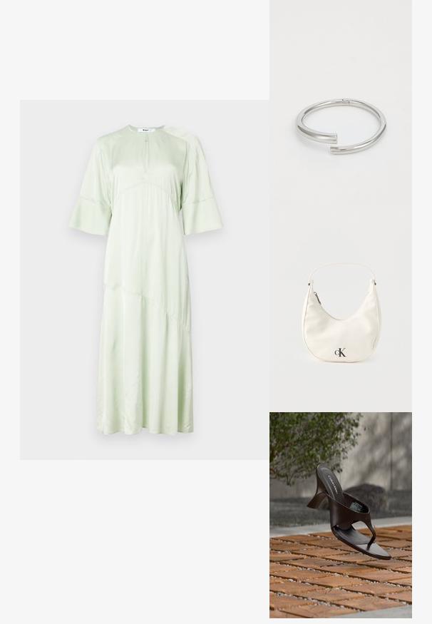 DAY Birger et Mikkelsen CAMILLA - Cocktailkjole / festkjole - green; Brun Calvin Klein hælet thong sandal svævende over træflise og grus udendørs med sløret grønt og stenmur i baggrunden.; Lille hvid halvmåneformet håndtaske med kort rem, lynlås og sort "cK"-logo foran.; Calvin Klein SPIRAL - Armbånd - silver-coloured