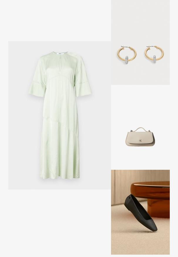 DAY Birger et Mikkelsen CAMILLA - Robe de soirée - green; Chaussure plate noire à bout pointu reposant sur un tapis beige près d'une table ronde de couleur ambre dans un décor minimaliste.; Petit sac à main en cuir beige avec poignée supérieure et logo CK argenté sur le rabat avant, présenté sur fond blanc.; Paire de boucles d'oreilles créoles dorées avec un petit détail boucle ton argent sur chaque, exposées sur fond gris clair.