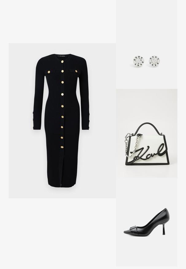 Schwarzes, langärmeliges Rippkleid mit goldfarbigen Knopfverschlüssen, zwei Brusttaschen und einem Schlitz vorne. Weicher Stoff, figurbetonte Passform.; Schwarzer Lederschuh mit hohem Absatz, spitzer Schuhspitze und dekorativer Schnalle vorne, von der Seite auf weißem Hintergrund abgebildet.; Weißes Lederhandtasche mit schwarzen Akzenten, die ein charakteristisches schwarzes Logo zeigt. Sie hat eine strukturierte Form und einen silbernen Kettenriemen.; Silberne Ohrstecker mit einem zentralen klaren Edelstein, um den Rand mit schwarzer "DKNY"-Buchstabierung. Runde Form, glatte Textur.