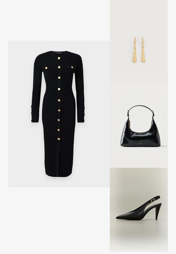 Schwarzes, langärmeliges Rippkleid mit goldfarbigen Knopfverschlüssen, zwei Brusttaschen und einem Schlitz vorne. Weicher Stoff, figurbetonte Passform.; Schwarzer spitzer Slingback-Pumps aus Leder mit goldener Schnalle und einem zulaufenden Absatz vor neutralem Hintergrund.; Schwarze, glänzende Calvin Klein Handtasche mit goldfarbenem Reißverschluss und kurzem Trageriemen vor schlichtem weißem Hintergrund.; Ohrhänger in Gold-Ton mit glatten, länglichen Tropfenanhängern, die an kleinen Creolenverschlüssen hängen, auf weißem Hintergrund.