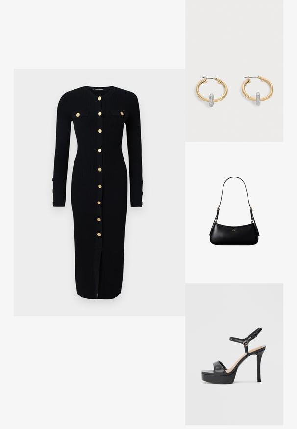 Schwarzes, langärmeliges Rippkleid mit goldfarbigen Knopfverschlüssen, zwei Brusttaschen und einem Schlitz vorne. Weicher Stoff, figurbetonte Passform.; Schwarze Plateausandalen mit hohem Stiletto-Absatz, ausgestattet mit einem glatten Lederobermaterial, einem Peeptoe-Design und einem verstellbaren Knöchelriemen mit Metallbeschlägen.; Schwarze kleine Lederschultertasche mit dünnem Riemen und kleinem goldenem CK-Logo auf der Vorderseite in der Mitte.; Paar goldfarbene Creolen mit kleinem silberfarbenem Schlaufen-Detail an jeder, vor hellem grauem Hintergrund präsentiert.