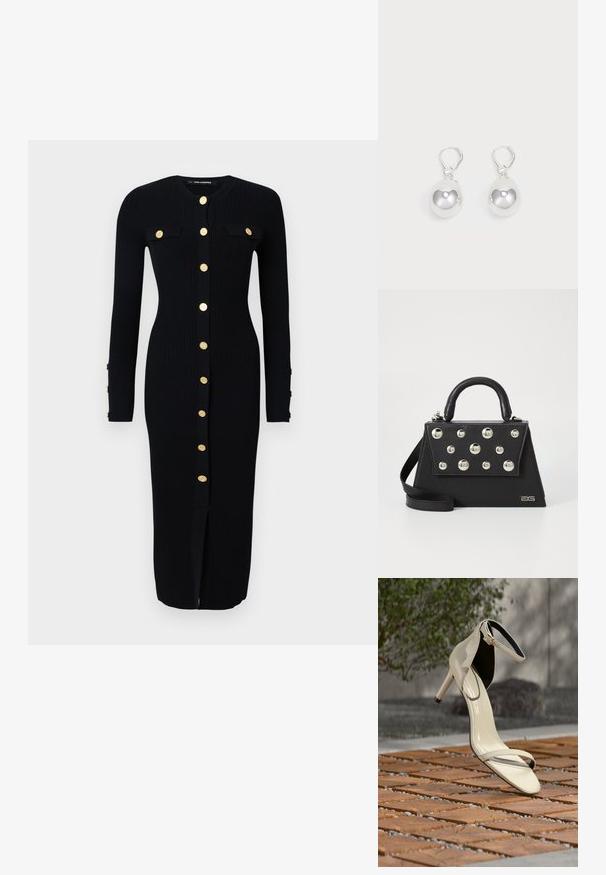 Schwarzes, langärmeliges Rippkleid mit goldfarbigen Knopfverschlüssen, zwei Brusttaschen und einem Schlitz vorne. Weicher Stoff, figurbetonte Passform.; Beige Sandale mit hohem Absatz und Knöchelriemen, die auf Holzlatten im Freien steht, mit unscharfem Grün und Beton im Hintergrund.; Schwarze Handtasche mit strukturiertem Design, ausgestattet mit einem oberen Griff, einem Schultergurt und dekorativen metallischen Nieten auf der Vorderseite.; Silberne Tropfenohrringe mit glatten, runden, reflektierenden Oberflächen, die an Hakenverschlüssen hängen. Der Hintergrund ist reinweiß.