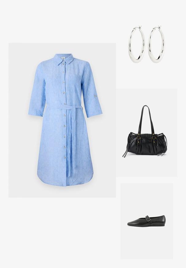 Helles blaues Leinenhemdkleid mit Kragen, Knopfleiste, langen Ärmeln und passendem Taillengürtel. Verfügt über eine einzelne Brusttasche.; Schwarze Lederflachschuhe mit spitzem Zehenbereich, ausgestattet mit einem metallischen Riemen über dem Spann und einer niedrigen, flexiblen Sohle.; Schwarze Lederhandtasche mit runder Form, doppelten Griffen, dekorativen Hardware-Details und seitlichen Bindebändern. Glatte, glänzende Textur.; Silberne Creolen mit einer glatten, glänzenden Oberfläche. Kreisform, ausgestattet mit einem sicheren Verschluss. Einfaches und elegantes Design.