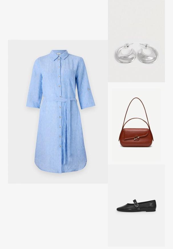 Robe chemise en lin bleu clair avec col, boutonnage sur le devant, manches longues et une ceinture assortie à la taille. Comprend une poche poitrine.; Chaussure plate en cuir noir avec un bout arrondi, une seule sangle réglable à boucle et une texture lisse et brillante. Design minimaliste avec un petit talon.; Sac à bandoulière en cuir marron de forme rectangulaire arrondie, rabat asymétrique, fermoir circulaire argenté et deux fines bretelles.; Une paire de boucles d'oreilles en croissant argenté poli avec des supports en plastique transparent sur une surface blanche.