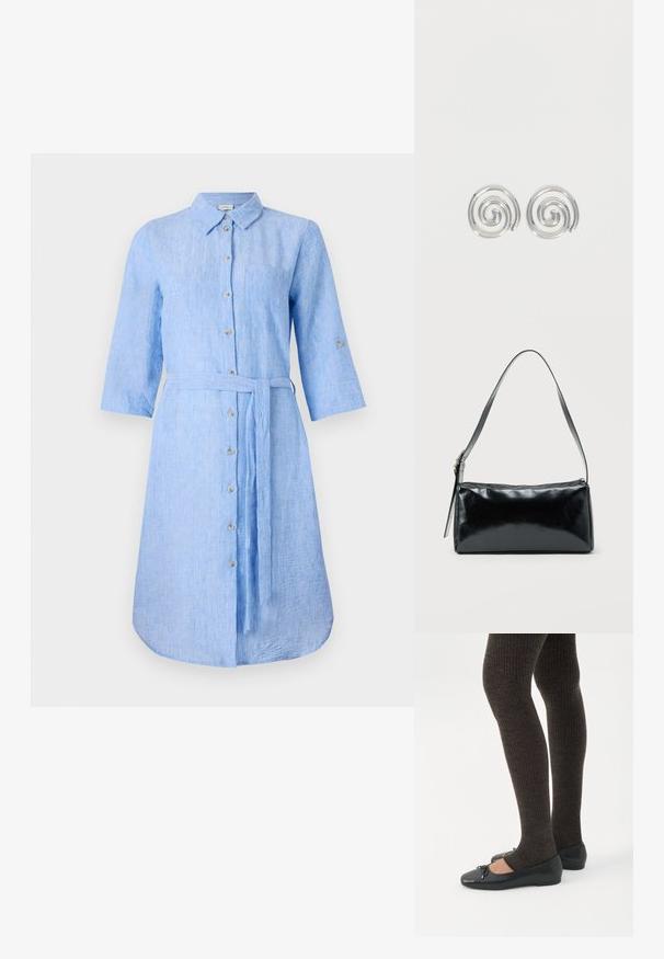 Svetlomodrá ľanová košeľová šaty s golierom, gombíkovým zapínaním, dlhými rukávmi a zodpovedajúcim opaskom v páse. Obsahuje jednu náprsní kapsu.; Nohy v tmavých pásikavých legínach v kombinácii s čiernymi balerínkami s malými mašličkami na bielom pozadí.; Čierna obdĺžniková kabelka na rameno s jedným nastaviteľným remienkom a horným zipsom na jednofarebnom pozadí.; Pár strieborných špirálových kruhových náušníc s hladkým, zaobleným dizajnom na jednoduchom bielom pozadí.