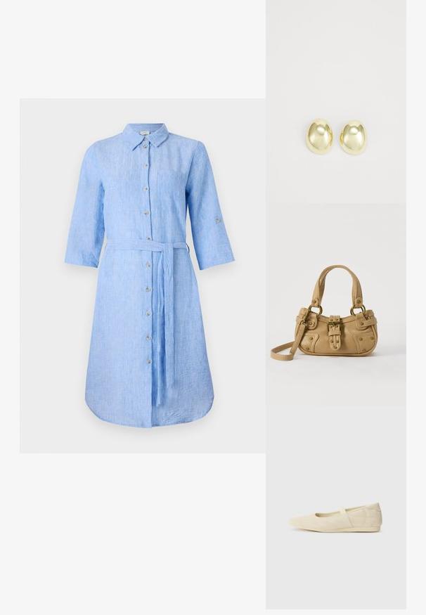 Helles blaues Leinenhemdkleid mit Kragen, Knopfleiste, langen Ärmeln und passendem Taillengürtel. Verfügt über eine einzelne Brusttasche.; Beige Ballerinas aus glattem Leder mit mandelförmiger Zehenpartie und elastischem Riemen über dem Fußrücken, ausgestattet mit dezenten Nähtelementen.; Beige Lederhandtasche mit doppelten Griffen, Messingschnalle und Nieten, sowie verstellbarem Schultergurt vor weißem Hintergrund.; Goldfarbene Metallstanzohrringe mit einer glatten, abgerundeten Form und polierter Oberfläche. Einfaches Design ohne zusätzliche Verzierungen.