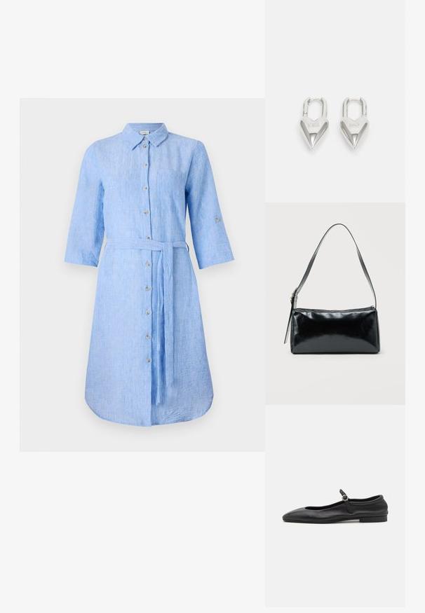 Robe chemise en lin bleu clair avec col, boutonnage sur le devant, manches longues et une ceinture assortie à la taille. Comprend une poche poitrine.; Ballerines en cuir noir avec un bout arrondi, un empeigne étroite et une petite bride à la cheville dotée d'une boucle ronde. Semelle basse et plate.; Sac d'épaule rectangulaire noir avec une sangle réglable unique et une fermeture éclair supérieure sur un fond uni.; Cadenas en forme de cœur en argent avec les inscriptions gravées "OUI" et "NON", finition polie, design symétrique et un robuste fermoir en métal.