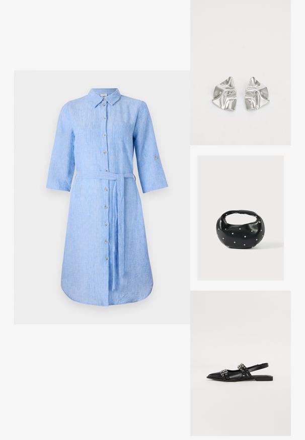 Robe chemise en lin bleu clair avec col, boutonnage sur le devant, manches longues et une ceinture assortie à la taille. Comprend une poche poitrine.; Even&Odd by Zalando Ballerines à brides arrière - black; Sac à main en cuir noir de forme arrondie, décoré de clous argentés et équipé d'une poignée courte. Texture lisse et fermeture éclair.; Boucles d'oreilles en métal argenté avec un design ondulé et sculptural, présentant une finition polie et des formes irrégulières, mettant en valeur une esthétique contemporaine.