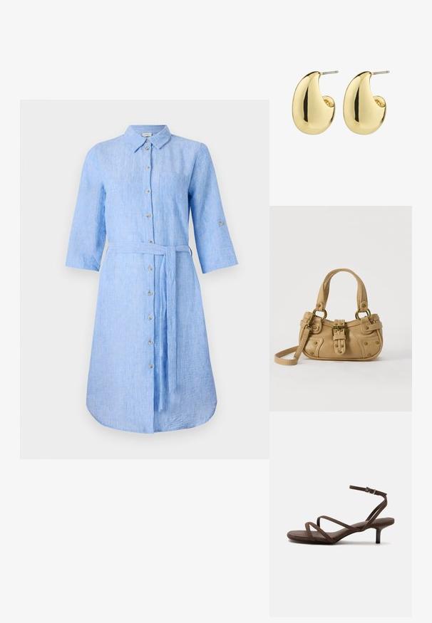 Helles blaues Leinenhemdkleid mit Kragen, Knopfleiste, langen Ärmeln und passendem Taillengürtel. Verfügt über eine einzelne Brusttasche.; Braune Sandale mit hohem Absatz, dünnen gekreuzten Riemen und einem Knöchelriemen mit silberner Schnalle vor weißem Hintergrund.; Beige Lederhandtasche mit doppelten Griffen, Messingschnalle und Nieten, sowie verstellbarem Schultergurt vor weißem Hintergrund.; Goldfarbene Steckerohrringe mit einer glatten, glänzenden Oberfläche, die eine abstrahierte, tropfenförmige Form aufweisen. Einfache Metallstiftbefestigung.
