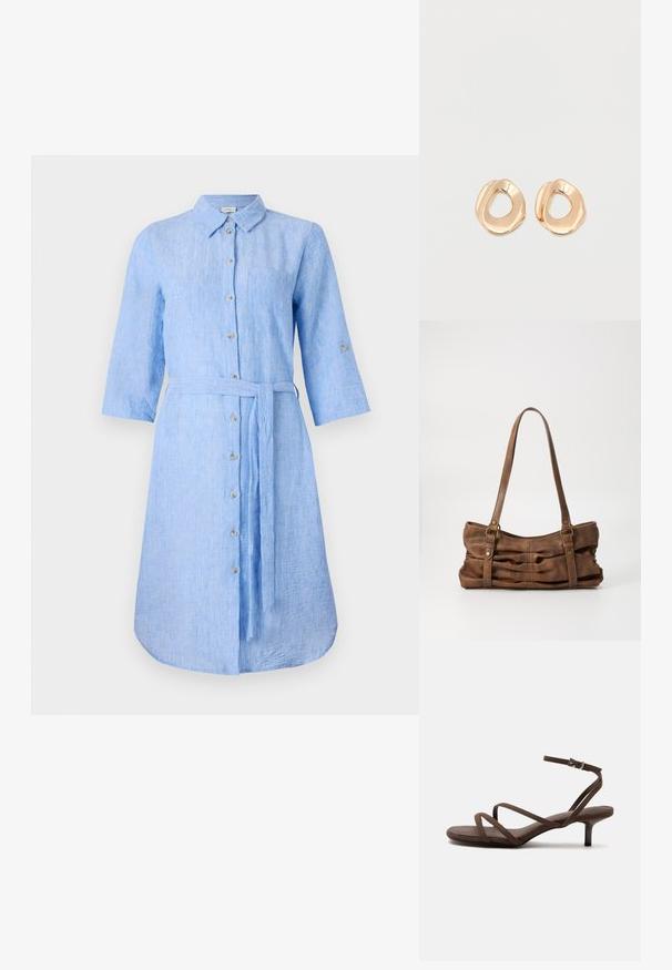 Helles blaues Leinenhemdkleid mit Kragen, Knopfleiste, langen Ärmeln und passendem Taillengürtel. Verfügt über eine einzelne Brusttasche.; Braune Sandale mit hohem Absatz, dünnen gekreuzten Riemen und einem Knöchelriemen mit silberner Schnalle vor weißem Hintergrund.; Even&Odd Handtasche - brown; Paar unregelmäßig geformter, polierter Creolen aus goldfarbenem Metall mit offenem Zentrum auf weißem Hintergrund.