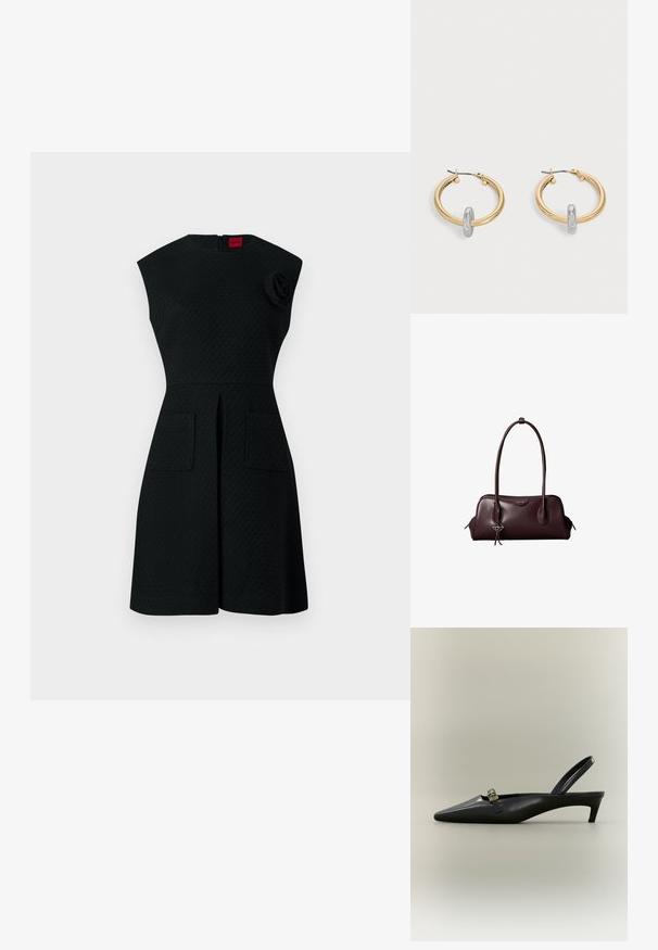 Schwarzes Kleid mit strukturiertem Muster, kurzen Ärmeln, zwei Taschen vorne und einem floralem Akzentdetail an der Schulter. Reißverschluss hinten.; Schwarzer Slingback-Kitten-Heel aus Leder mit spitz zulaufender Zehenpartie und kleiner goldfarbener Schnalle auf einfarbigem Hintergrund.; Dunkelbraune Lederhandtasche von Calvin Klein mit langen doppelten Griffen und einem kleinen Logoanhänger, der an einem Griff hängt.; Paar goldfarbene Creolen mit kleinem silberfarbenem Schlaufen-Detail an jeder, vor hellem grauem Hintergrund präsentiert.