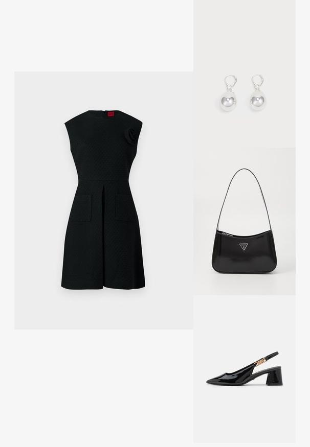 Schwarzes Kleid mit strukturiertem Muster, kurzen Ärmeln, zwei Taschen vorne und einem floralem Akzentdetail an der Schulter. Reißverschluss hinten.; Schwarze Lackleder Slingback-Pumps mit einer spitzen Zehe und goldfarbener Hardware am Riemen, ausgestattet mit einem Blockabsatz. Glatte Textur.; Schwarze patentierte Leder-Schultertasche mit geschwungener Form, ausgestattet mit einem silbernen Dreieckslogo und einem Reißverschluss. Glatte Textur und schmaler Riemen.; Silberne Tropfenohrringe mit glatten, runden, reflektierenden Oberflächen, die an Hakenverschlüssen hängen. Der Hintergrund ist reinweiß.