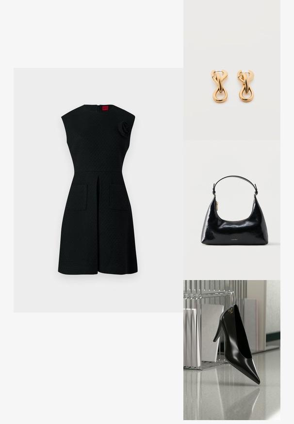 Schwarzes Kleid mit strukturiertem Muster, kurzen Ärmeln, zwei Taschen vorne und einem floralem Akzentdetail an der Schulter. Reißverschluss hinten.; Schwarzer High-Heel-Schuh mit spitzer Zehe und goldem Logo, auf einer reflektierenden Oberfläche nahe einem verchromten Draht-Organizer mit Dokumenten positioniert.; Schwarze, glänzende Calvin Klein Handtasche mit goldfarbenem Reißverschluss und kurzem Trageriemen vor schlichtem weißem Hintergrund.; Paar glänzende goldfarbene Creolen mit verschlungenem, verdrehtem Design auf schlichten weißem Hintergrund.