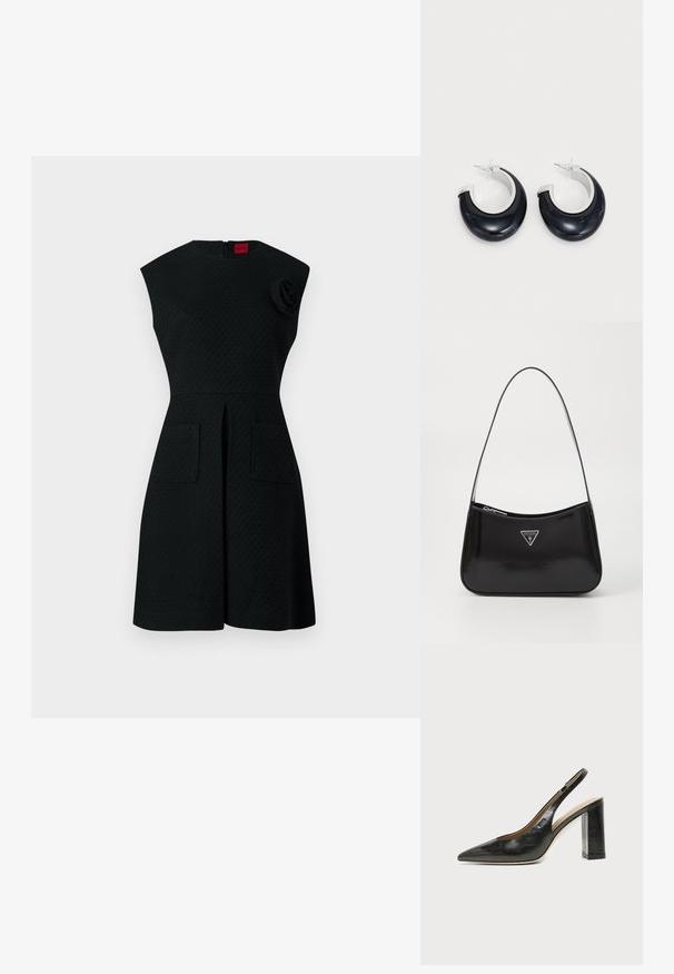Schwarzes Kleid mit strukturiertem Muster, kurzen Ärmeln, zwei Taschen vorne und einem floralem Akzentdetail an der Schulter. Reißverschluss hinten.; Schwarzer Leder-Slingback-Schuh mit spitzer Zehenpartie, Blockabsatz und kleinem Logo an der Seite, vor einfachem weißem Hintergrund.; Schwarze patentierte Leder-Schultertasche mit geschwungener Form, ausgestattet mit einem silbernen Dreieckslogo und einem Reißverschluss. Glatte Textur und schmaler Riemen.; Schwarze Harz-Hoops mit glänzender Oberfläche und silberfarbenen Hardware-Details. Zirkulare Form mit Ausschnitt und Post-Back-Verschluss.