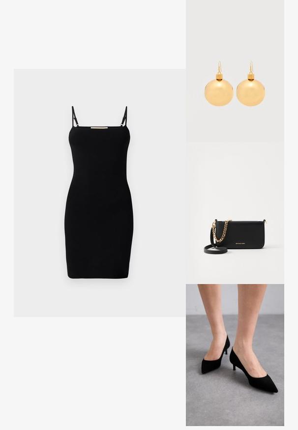 Vestido negro de punto acanalado con tirantes delgados ajustables y escote recto. Corte entallado, diseño minimalista y sin patrones o acentos visibles.; Zapatos de tacón de ante negro con punta afilada y un tacón medio delgado y clásico, presentados sobre pies descalzos contra un fondo gris.; Clutch de cuero negro con un detalle en cadena dorada, textura suave y logotipo dorado. Incluye una correa ajustable para mayor versatilidad.; Par de pendientes de bola navideña dorados brillantes con cierre de gancho sobre un fondo blanco liso.