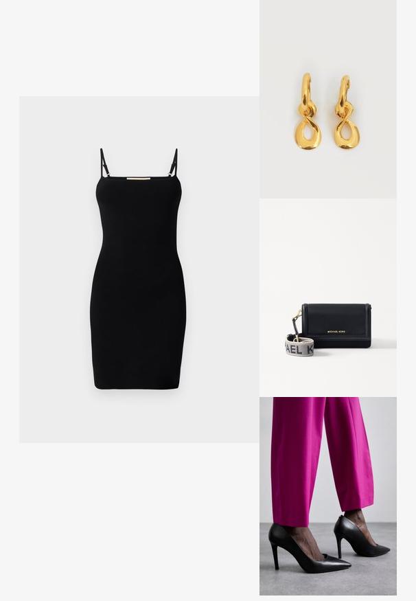 Schwarzes geripptes Strickkleid mit dünnen verstellbaren Trägern und geradem Ausschnitt. Figurbetonte Form, minimalistisches Design und keine sichtbaren Muster oder Akzente.; Schwarze High-Heels mit einer spitzen Zehenform und glatter Lederoberfläche. Kombiniert mit knallroten, maßgeschneiderten Hosen.; MICHAEL Michael Kors JET SET SM PHONE WBG XBODY - Umhängetasche - black; Goldfarbene Creolen mit einem verdrehten, tropfenförmigen Anhänger, der an jedem Creolenring hängt, auf weißem Hintergrund.