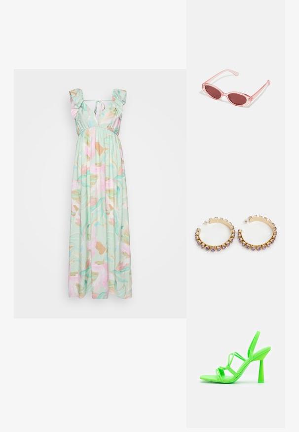 Kergelt mints roheline maxi kleit, millel on roosade ja kuldsete toonidega lilleline abstraktne muster. Rikkaliku voltimisega õlavarrete ja vöökoha detail.; Call it Spring Kõrge kontsaga sandaalid - bright green; Roosa läbipaistvusega prillid ovaalsete läätsedega, tumepunase varjundiga ja peenikeste varsidega, millel on sile viimistlus ja peened detailid raamile.; Pieces PCSUINA HOOP - Kõrvarõngad - gold-coloured