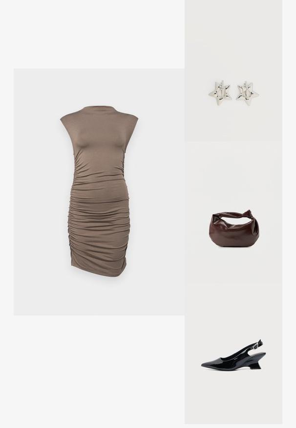 Gina Tricot FUNNEL DRESS - Φόρεμα από ζέρσεϊ - brown; Μαύρο παπούτσι slingback από πατενταρισμένο δέρμα με μυτερή μύτη και χαμηλό κεκλιμένο τακούνι τύπου block σε απλό φωτεινό φόντο.; Σκούρα καφέ δερμάτινη τσάντα ώμου με μαλακό, χαλαρό σχήμα και λαβή με στριμμένο κόμπο σε απλό λευκό φόντο.; Ασημένια σκουλαρίκια κρίκοι σε σχήμα αστεριού με λείο, γυαλιστερό φινίρισμα σε απλό λευκό φόντο.
