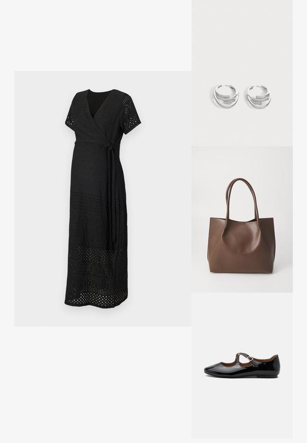 Vestido negro ajustado con mangas cortas y cierre atado. La tela presenta un patrón de cortes con diseños variados, creando textura y detalle.; Zapato plano Mary Jane de charol negro con dos recortes y una correa con hebilla dorada sobre fondo blanco.; Bolso tote de cuero marrón con dos asas largas, forma estructurada, textura suave y diseño minimalista. Sin herrajes o acentos visibles.; Par de pendientes de aro plateados pulidos con diseño de barra curva en capas sobre un fondo claro y liso.