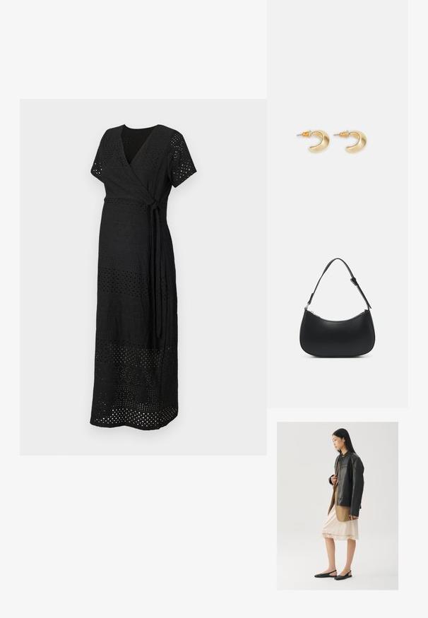 Vestido negro ajustado con mangas cortas y cierre atado. La tela presenta un patrón de cortes con diseños variados, creando textura y detalle.; Chaqueta de cuero negra sobre una blusa marrón, combinada con un vestido camisón color crema claro con ribete de encaje y zapatos slingback negros.; Pieces PCALUANA SHOULDER BAG - Bolso de mano - black; Pendientes en forma de media luna de oro con un acabado suave, que presentan acentos naranjas cerca del pasador y herrajes de plata.