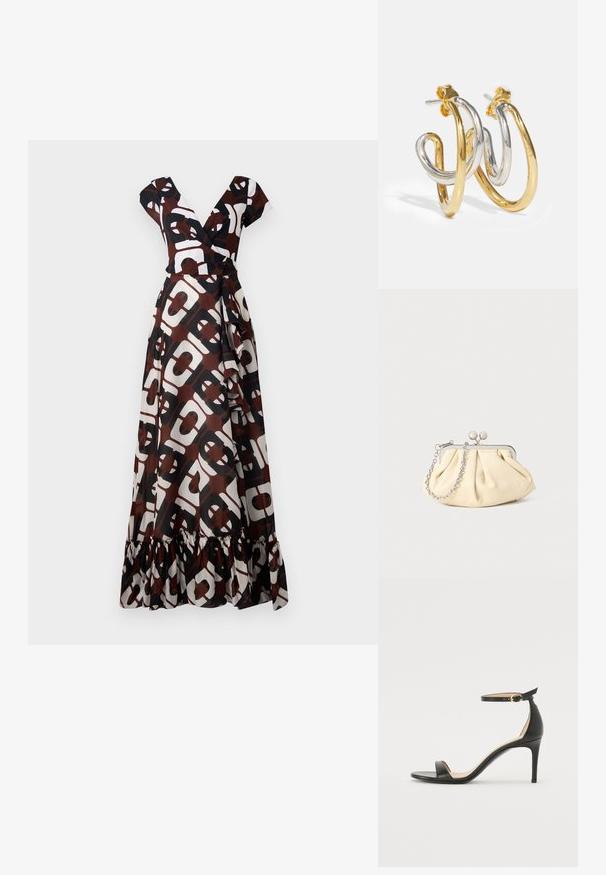 Vestido maxi de tela en marrón, blanco y negro con un audaz patrón geométrico. Escote en V, mangas cortas y un detalle de dobladillo con volantes.; Sándalo de tacón alto de piel negra con tiras en el tobillo. Presenta una textura suave, puntera abierta y un tacón delgado. Detalles de hebilla en tono dorado.; Clutch de cuero beige plisado con un marco de metal plateado, que cuenta con dos broches decorativos redondos y una correa de cadena plateada.; Pendientes de aro entrelazados en oro y plata con acabados suaves y brillantes; cuentan con un cierre de presión para un uso seguro.