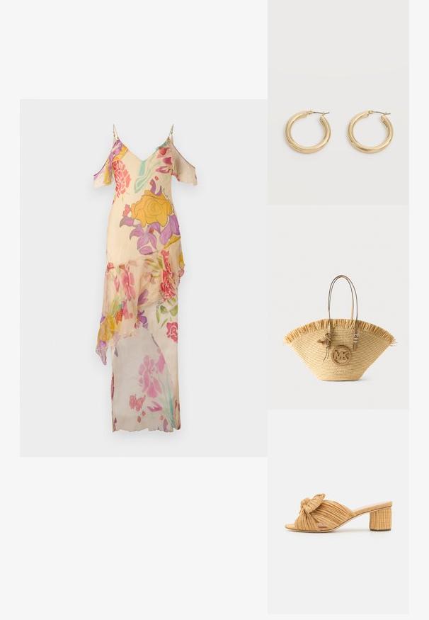 Robe maxi beige à motifs floraux avec manches épaules dénudées, fines bretelles et tissu transparent superposé ornée de motifs floraux roses, jaunes et violets.; Sandales à talons ouvertes en toile beige tressée avec un accent noué sur le dessus et un talon carré texturé pour plus de stabilité.; Grand sac cabas en paille tissée avec anses en cuir marron clair, bord supérieur à franges et pendentif rond avec le logo MK suspendu à l'avant.; Paire de boucles d'oreilles épaisses en or brillant avec tiges métalliques sur un fond gris clair.
