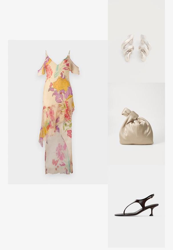 Robe maxi beige à motifs floraux avec manches épaules dénudées, fines bretelles et tissu transparent superposé ornée de motifs floraux roses, jaunes et violets.; Sandale slingback en cuir verni marron foncé avec petit talon et bride entre les orteils sur fond blanc.; Sac en satin beige avec un haut noué, présentant une texture douce et lisse ainsi qu'une forme arrondie, conçu pour être simple et élégant.; Boucles d'oreilles clips en métal argenté torsadé avec une finition lisse et brillante, présentant un design moderne et abstrait en spirale.
