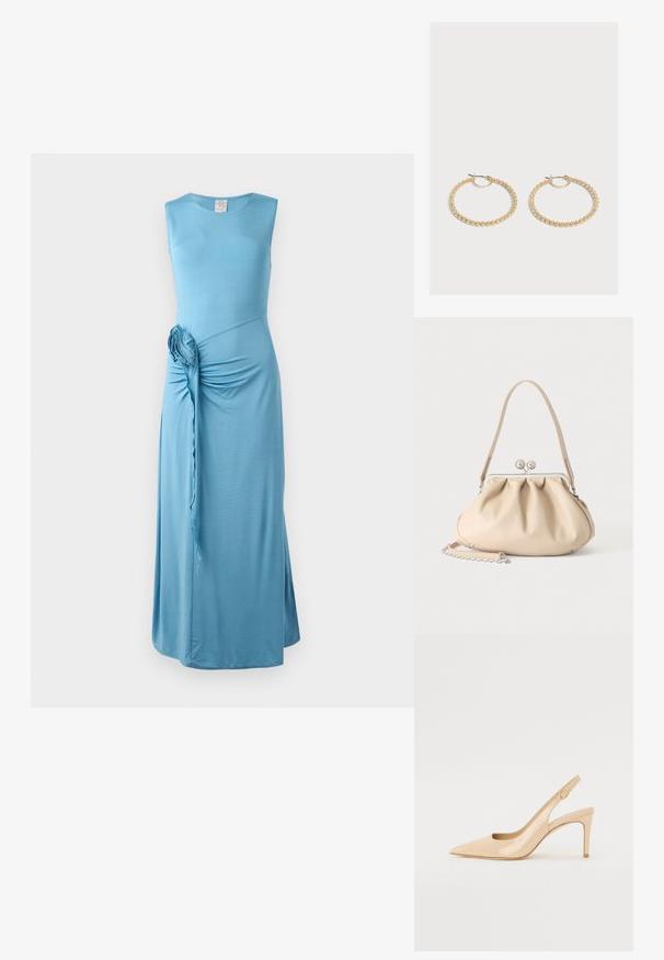 Blauwe, mouwloze maxi jurk met een gedraaide zijdegaaf en een bloemaccent. Gemaakt van zachte, rekbare stof met een gladde textuur.; Nude gepatineerd leren slingbackhak met een spitse neus, open vamp en een dunne stilettohak. Bevat een ronde gouden accent op de band.; Beige zachte leren handtas met een zilveren metalen frame sluiting, een enkele schouderriem en een optionele kettingriem op een witte achtergrond.; Een paar middelgrote gouden oorringen met een getextureerd, kralenontwerp op een effen lichte achtergrond.