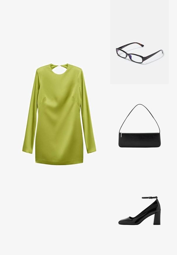 Langærmet mini-kjole i lys grøn satin, der har en rund nøglehuludskæring og detaljer ved sidesømmen. Glat tekstur med en slank silhuet.; Sort laklædersko med høj hæl, firkantet tå, ankelrem og bred blokhæl, med en glansfuld finish og glat tekstur.; Rektangulære briller med skildpadde-mønster, sort plastisk stel og gennemsigtige linser. Har tynde stænger og en let bøjning i enderne.; Sort rektangulær skuldertaske med en enkelt strop og en sølv lynlås langs den øverste kant, mod en hvid baggrund.