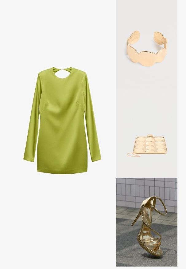 Minimale jurk met lange mouwen in felgroene satijn, met een ronde keyhole-halslijn en side seam-details. Soepele textuur met een slanke silhouet.; Gouden sandaal met hoge hakken en een glanzende lakafwerking, gekruiste bandjes, spits toelopende neus en naaldhakken; textuur met reliëfdetails.; Gouden clutch met afgerond rechthoekig reliëfpatroon en een kleine kettingriem op een effen achtergrond.; Open gouden manchetarmband met afgeronde, gladde segmenten en een gepolijste, licht gestructureerde afwerking.