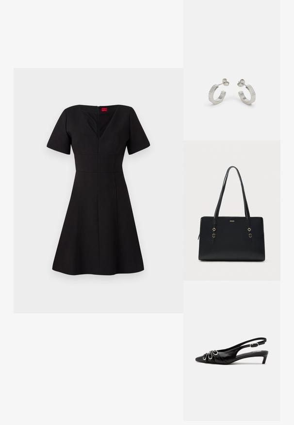 Robe noire avec un corsage ajusté et une jupe évasée. Comprend des manches courtes, un décolleté en V, une fermeture éclair au dos et des coutures créant une silhouette structurée.; Chaussure slingback en cuir noir avec bout pointu, trois boucles argentées à l'avant et petit talon kitten sur fond blanc.; Sac cabas en cuir noir avec deux longues poignées, détails en métal doré et un logo embossé sur le devant. Texture lisse et forme rectangulaire.; Boucles d'oreilles en métal argenté avec un design texturé, dotées d'un petit fermoir et d'une marque sur une des hoops. Forme arrondie avec une finition polie.