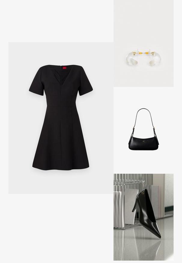Sort kjole med tætsiddende liv og flagrende skirt. Har korte ærmer, V-hals, lynlås bagpå og sømme, der skaber en struktureret silhuet.; Sort højhælet sko med spids tå og guldlogo, placeret på en reflekterende overflade nær en krom trådfilholder med dokumenter.; Sort læder mini skuldertaske med tynd rem og lille gyldent CK-logo på fronten i midten.; Klare akryl hoops øreringe med guld accenter, der har et buet design og en transparent lås. Glat tekstur, minimalistisk stil.