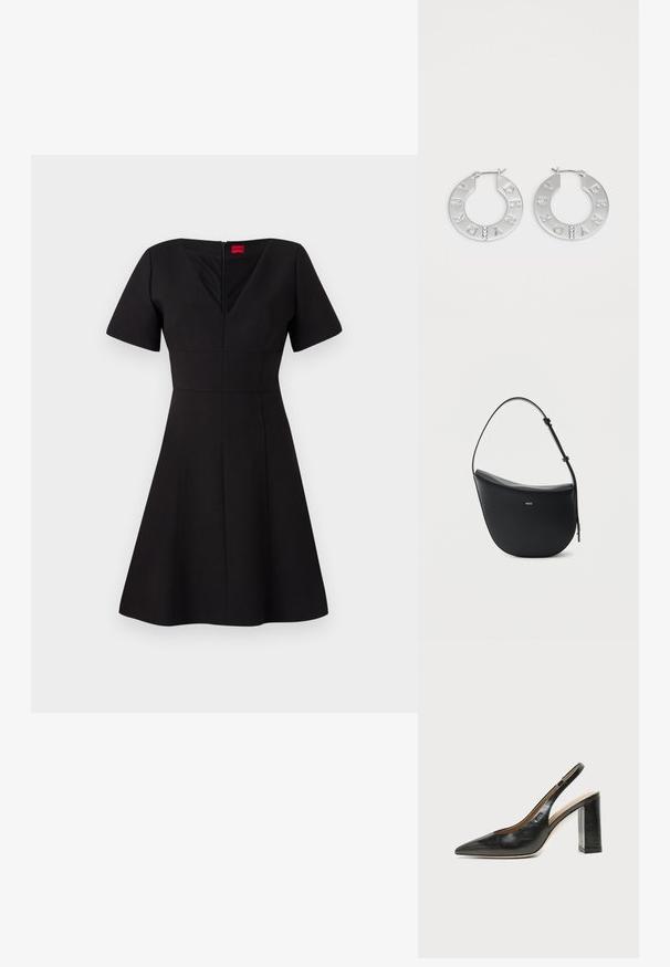 Robe noire avec un corsage ajusté et une jupe évasée. Comprend des manches courtes, un décolleté en V, une fermeture éclair au dos et des coutures créant une silhouette structurée.; Chaussure slingback en cuir noir à bout pointu avec un talon bloc haut et une doublure intérieure beige sur un fond clair uni.; Sac à bandoulière en cuir noir en forme de demi-lune avec une bandoulière réglable et le logo doré « BOSS » centré sur le devant.; Boucles d'oreilles en argent en forme de cerceau, avec les lettres gravées "DKNY" et trois pierres précieuses transparentes soulignant le design. Forme circulaire avec finition brillante.