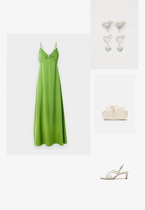 Roheline, käisteta maxi kleit, millel on voolav seelik ja sobiv rinnaosa. Omab kogumise detaili rinnal ja õhukesi rihmasid.; Zign by Zalando Klassikalised kontsakingad - off white; Pehme kergelt kreemikas nahast klapi-tüüpi kott kokkutõmmatud volditud disainiga ning õhuke õlarihm ees rahuldaval taustal.; Hõbedased südamekujulised kõrvarõngad on kaunistatud lõhikute ja selgete kividega ning neil on tekstureeritud raam. Komplekti kuuluvad kõrvarõngad nupud ja rippuvad mudelid.