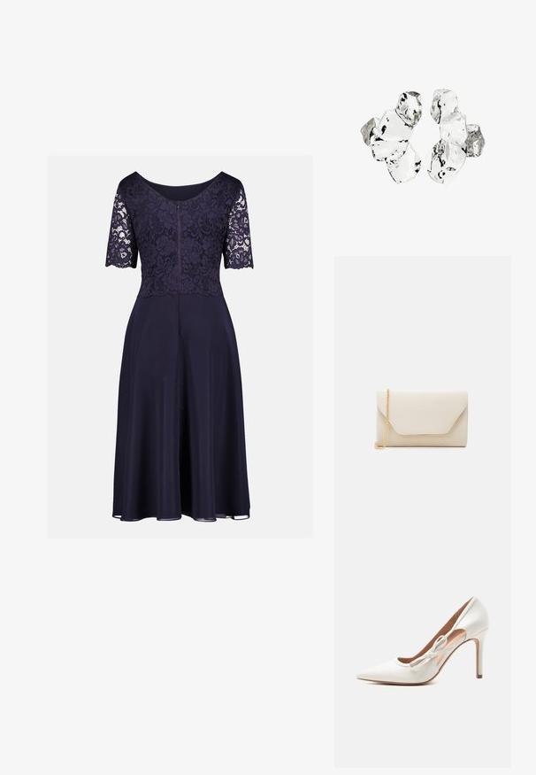 Marineblaues knielanges Kleid mit floraler Spitzenoberseite, halblangen Ärmeln, Rundhalsausschnitt und fließendem einfarbigem Rock.; Weißer spitzer High-Heel-Schuh mit einer dekorativen Schleife an der Seite und einem schlanken Stiletto-Absatz.; Beige Clutchbag mit glatter Textur, goldener Kettenriemen und einer Umschlagklappe im Stil eines Briefumschlags mit einem kontrastierenden goldenen Rand.; Cluster von sechs unregelmäßig geformten, transluzenten und reflektierenden glasähnlichen Stücken, angeordnet auf weißem Hintergrund.