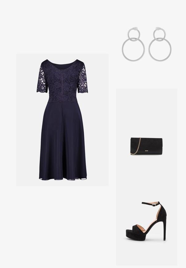 Marineblaues knielanges Kleid mit floraler Spitzenoberseite, halblangen Ärmeln, Rundhalsausschnitt und fließendem einfarbigem Rock.; Schwarze Wildleder-Peeptoe-Sandale mit hoch gelegener Plateausohle, Knöchelriemen mit silberner Hardware, offenem Zehenbereich und glatter Textur.; Schwarze Clutch aus Wildleder mit strukturierter Oberfläche, ausgestattet mit einem goldenen Kettenriemen und einem eleganten, kantigen Design.; Silberne Ohrringe aus Metall mit zwei miteinander verbundenen Kreisen, einem größeren und einem kleineren, mit gebürsteter Oberfläche und Steckverschluss.