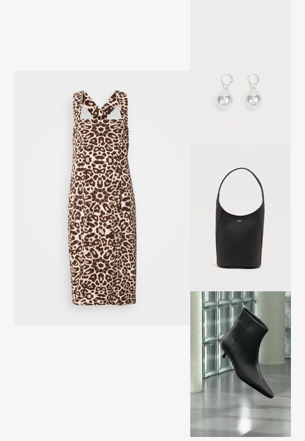 Robe imprimée léopard au design ajusté, avec de larges bretelles et des découpes. Fabriquée dans un tissu lisse aux tons marron et beige.; Bottine en cuir noir à bout pointu et petit talon kitten, présentée en angle devant un sol poli et un mur en blocs de verre.; Sac seau en cuir noir avec une seule bandoulière et un petit logo BOSS doré centré près du haut à l'avant.; Boucles d'oreilles en argent en forme de goutte avec des surfaces lisses, rondes et réfléchissantes, suspendues à des fermoirs à ressort. L'arrière-plan est blanc uni.