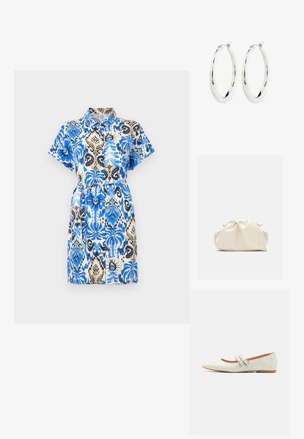 Vestido de manga corta con cuello tipo camisa, que presenta patrones florales en azul y negro sobre un fondo beige, con cintura ajustada y un cinturón.; Bailarinas de charol blanco con punta afilada, dos tiras decorativas con hebillas plateadas y una plantilla sutilmente marrón.; Bolso de mano de cuero suave de color crema con diseño fruncido y plisado y una delgada correa para el hombro que descansa delante sobre un fondo liso.; Pendientes de aro de plata con un acabado suave y brillante. Forma circular, con un cierre seguro. Diseño sencillo y elegante.