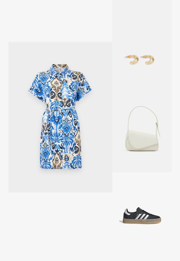 Vestido de manga corta con cuello tipo camisa, que presenta patrones florales en azul y negro sobre un fondo beige, con cintura ajustada y un cinturón.; Zapatilla deportiva de cuero negro con tres rayas plateadas, punta texturizada y suela de goma. Cuenta con un collar acolchado y un diseño con cordones.; Bolso de mano de imitación cuero blanco con una forma triangular estructurada, correa ajustable única y cierre con solapa acentuada en curva.; Pendientes en forma de media luna de oro con un acabado suave, que presentan acentos naranjas cerca del pasador y herrajes de plata.
