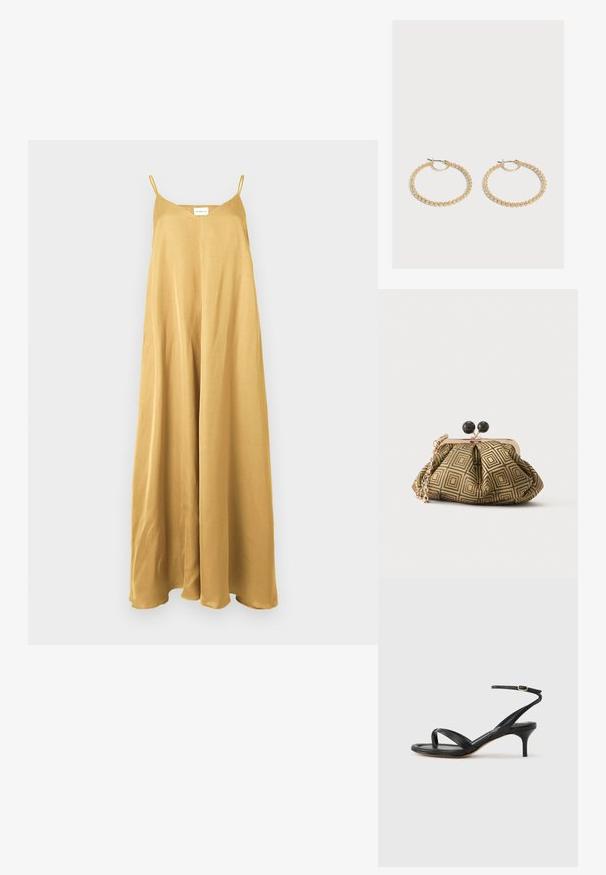 Robe longue sans manches en satin jaune moutarde avec fines bretelles et coupe ample et fluide, accrochée sur un fond uni.; Sandale pour femme en cuir noir avec fines lanières, une boucle d'orteil, une boucle à la cheville et un talon aiguille de hauteur moyenne sur un fond neutre.; Petite pochette avec motif géométrique doré et noir, cadre en métal doré, fermeture à boule noire et une courte chaîne dorée.; Paire de boucles d'oreilles créoles en or de taille moyenne avec un design texturé et perlé sur un fond clair uni.