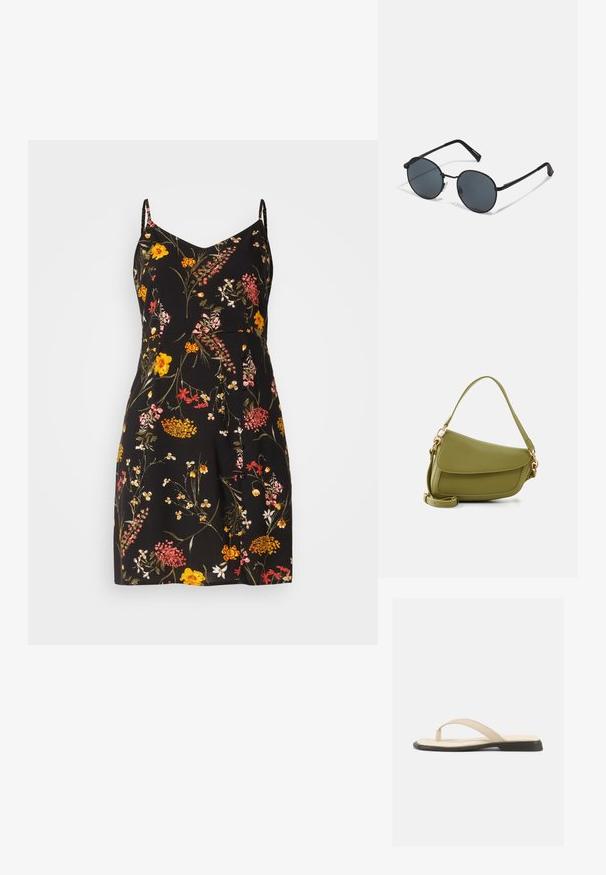 Vestido floral con base negra, que presenta flores coloridas en tonos de amarillo, rosa y rojo. Diseñado con tirantes finos y una falda plisada.; Sandalia plana beige tipo tanga con plantilla acolchada y suela negra, mostrada de lado sobre fondo blanco.; Gafas de sol de estilo black metal con lentes redondos, tintados oscuros, brazos delgados y almohadillas nasales ajustables, presentando un diseño minimalista y sin branding visible.; Bolso de hombro verde oliva en material texturizado con un diseño curvado, cierre de solapa y detalles en metal dorado. Incluye correa ajustable.