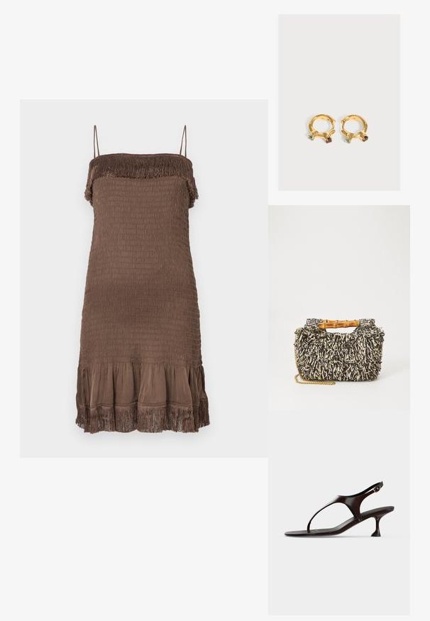 Robe marron sans manches avec une texture smockée, un bord supérieur effiloché et un volant évasé en bas. Fabriquée en tissu doux.; Sandale slingback en cuir verni marron foncé avec petit talon et bride entre les orteils sur fond blanc.; Sac tissé avec un motif texturé noir et crème, une poignée en bambou et une bandoulière en chaîne dorée amovible. Forme rectangulaire compacte.; Paire de boucles d'oreilles créoles en or, chacune sertie de deux petites pierres précieuses rondes bleu et rouge foncé.