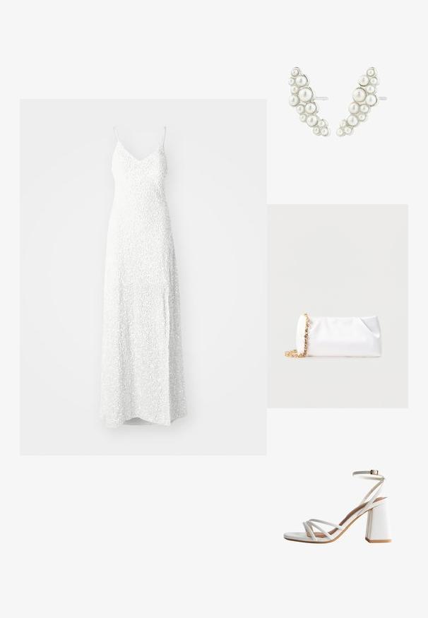 YAS YASMIRA STRAP TRAIN DRESS CELEB - Iltapuku - gardenia; Valkoinen korkokenkä, jossa on paksu korko, kolme ohutta etuhihnaa ja nilkkahihna, jossa pieni solki.; Valkoinen pehmeä käsilaukku, jossa on kultainen ketjuhihna ja kirkkailla jalokivillä koristeltu, yksinkertaisen vaaleanharmaan taustan edessä.; Hopeakorvakorut, joissa on erikokoisia valkoisia helmiä klustereina, järjestettyinä kaarevaan muotoon modernia ilmettä varten.