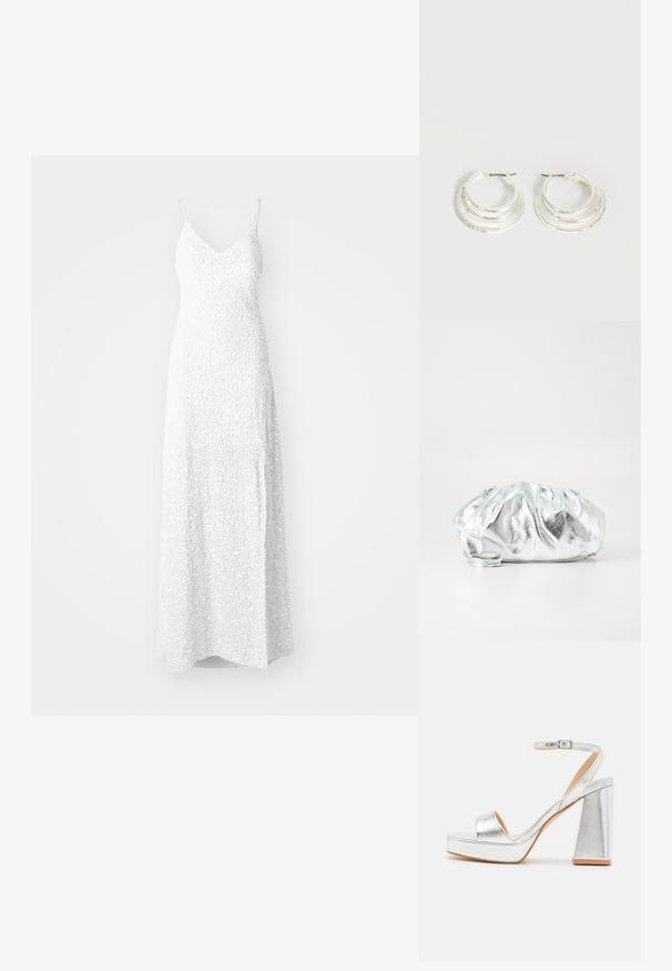 YAS YASMIRA STRAP TRAIN DRESS CELEB - Pidulikud riided - gardenia; Hõbedased platvorm sandaalid, millel on lai varba rihm, ankle strap klambri ja paks konts. Sile metalliline viimistlus ja lame talla disain.; Metallik hõbedane vist välja kott pehme, kokku korjatud kehaga ja õhukese õlavarre rihmaga. Omab siledat, läikivat tekstuuri ja ümmargust kuju.; Hõbedast rõngakujulised kõrvarõngad, millel on kolm kihilist poolringikujulist paela, üks kaunistatud väikeste läbipaistvate kristallidega heledal taustal.