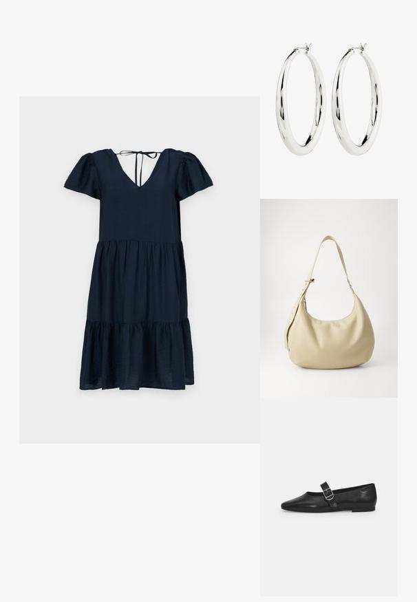 Vestido azul marino con mangas cortas abullonadas, escote en V profundo, dobladillo en capas y cierre de lazo en la parte posterior, hecho de una tela ligera.; Zapato plano de cuero negro con punta redondeada, una sola correa ajustable con hebilla y una textura suave y brillante. Diseño minimalista con un tacón bajo.; Bolso de hombro de cuero beige con forma curva, correa ajustable y detalle de logo en relieve, que presenta una textura suave y un diseño minimalista.; Pendientes de aro de plata con una superficie lisa y reflectante. Forma redonda y grande con un cierre seguro en la parte superior. El acabado pulido resalta el brillo.