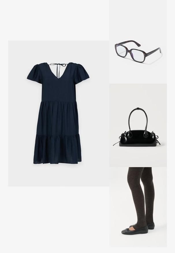 Vestido azul marino con mangas cortas abullonadas, escote en V profundo, dobladillo en capas y cierre de lazo en la parte posterior, hecho de una tela ligera.; Piernas con leggings oscuros acanalados combinados con bailarinas negras que presentan pequeños detalles de lazo sobre un fondo blanco.; Gafas rectangulares de carey con lentes transparentes, que presentan montura gruesa, detalles dorados y un diseño elegante.; Pequeño bolso negro brillante con dos asas largas y detalles de cordón lateral sobre un fondo claro liso.