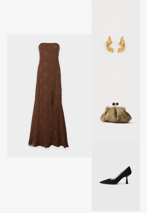 Robe maxi marron sans bretelles avec un motif subtilement texturé et de petits motifs floraux brodés dispersés.; Pompe à talons hauts en suède noir avec un bout pointu, dotée d'un talon bloc noir brillant et d'une doublure intérieure lisse.; Petite pochette avec motif géométrique doré et noir, cadre en métal doré, fermeture à boule noire et une courte chaîne dorée.; Boucles d'oreilles dorées au design de feuille torsadée, ornées de petits pierres scintillantes, et maintenues par un fermoir à tige.