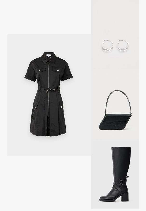Schwarzes Kleid mit kurzen Ärmeln, Reißverschluss vorne, zwei Brusttaschen und seitlichen Taschen. Es hat eine taillierte Silhouette mit silbernen Hardware-Elementen.; Schwarze Lederstiefel bis zur Wade mit Blockabsatz und dekorativem Riemen mit silberner Schnalle auf hellem, einfarbigem Hintergrund.; Schwarze Leder-Umhängetasche mit dreieckiger Form, geprägt mit Logo und einem einzigen verstellbaren Riemen. Minimalistisches Design mit glatter Textur.; Silberne Creolen mit glänzender Oberfläche und DKNY-Logo, vor einem schlichten weißen Hintergrund präsentiert.