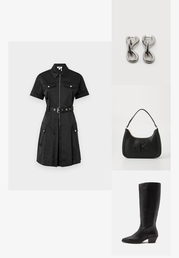 Schwarzes Kleid mit kurzen Ärmeln, Reißverschluss vorne, zwei Brusttaschen und seitlichen Taschen. Es hat eine taillierte Silhouette mit silbernen Hardware-Elementen.; Schwarzer Lederstiefel bis zur Wade mit spitzer Spitze und niedrigem schrägem Absatz vor einfachem hellem Hintergrund.; Schwarze Lederhandtasche mit geschwungener Form, ausgestattet mit einem goldenen Reißverschluss und einem dezent geprägten "cK"-Logo. Glatte Textur und ein einzelner Griff.; Paar silberfarbene Metallohrringe mit abstraktem ineinandergreifendem Schlaufen-Design auf weißem Hintergrund.